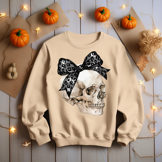 Retro Black Coquette Bow Skull Halloween Sweatshirt - Cozy Autumn Halloween Vibes Gift - Spooky Season Graphic Sweatshirt