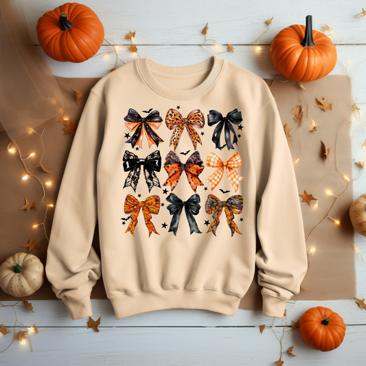 Retro Halloween Coquette Bow Sweatshirt - Cozy Autumn Halloween Vibes Gift - Spooky Season Graphic Sweatshirt